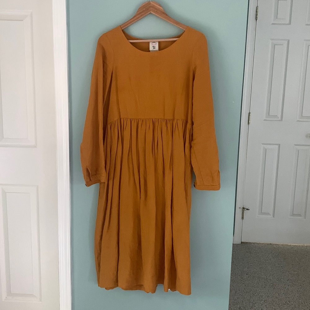 SON DE FLOR 100% Linen Long Sleeve Smock Dress Marigold XS